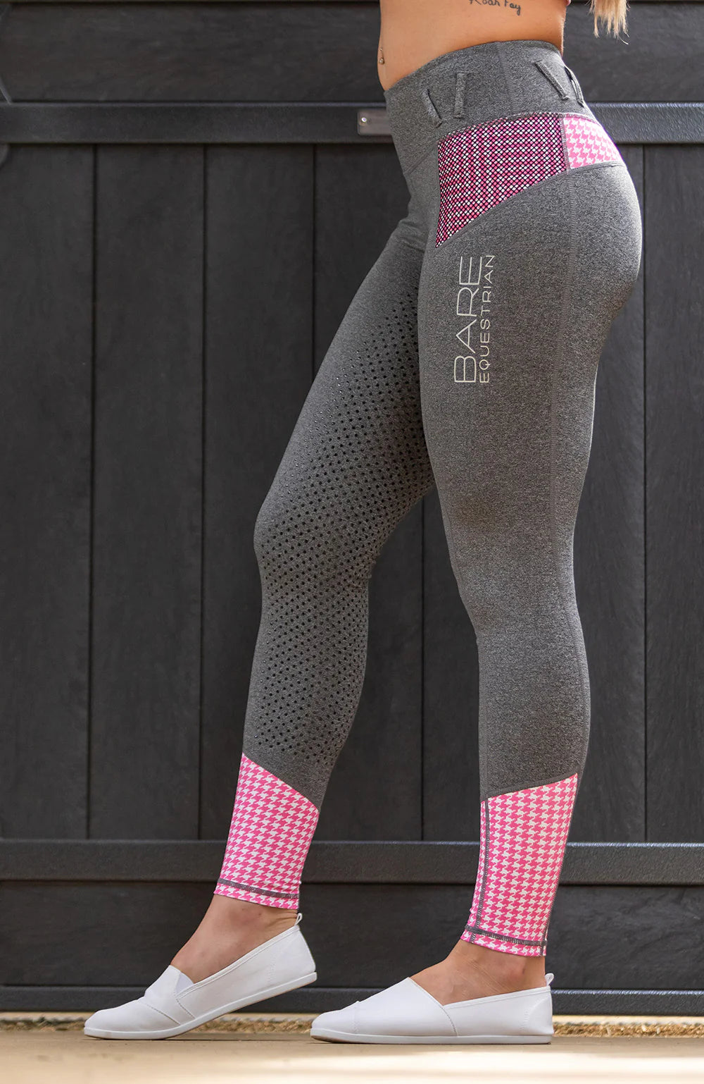 BARE Youth Performance Riding Tights - Grey with Pink Houndstooth