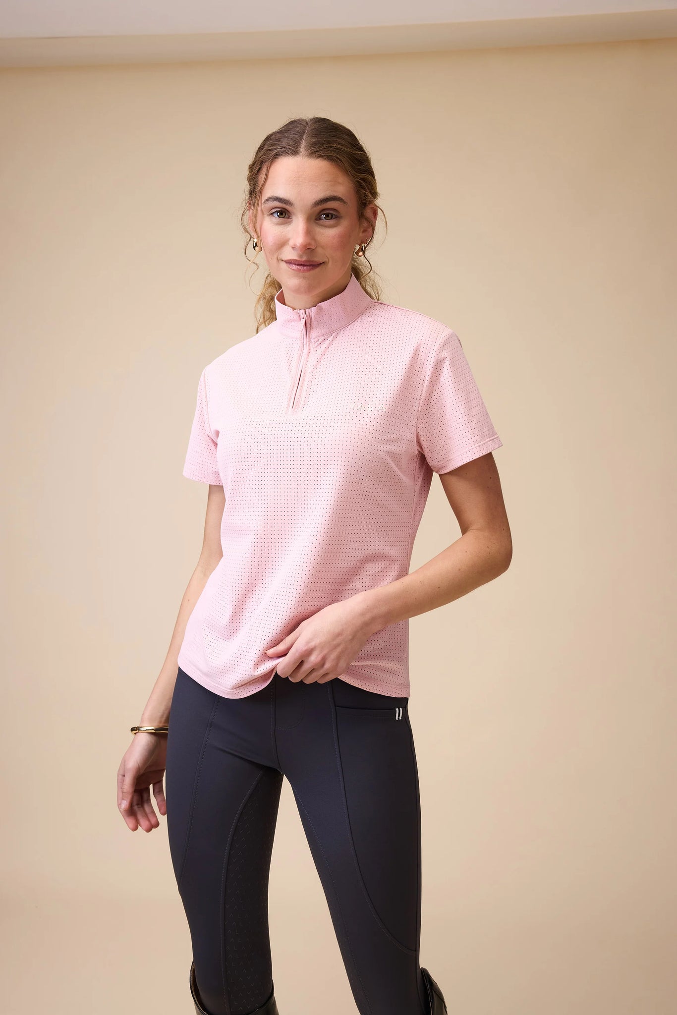 Vala Elsa Mesh Zip Neck Top Pastel Pink