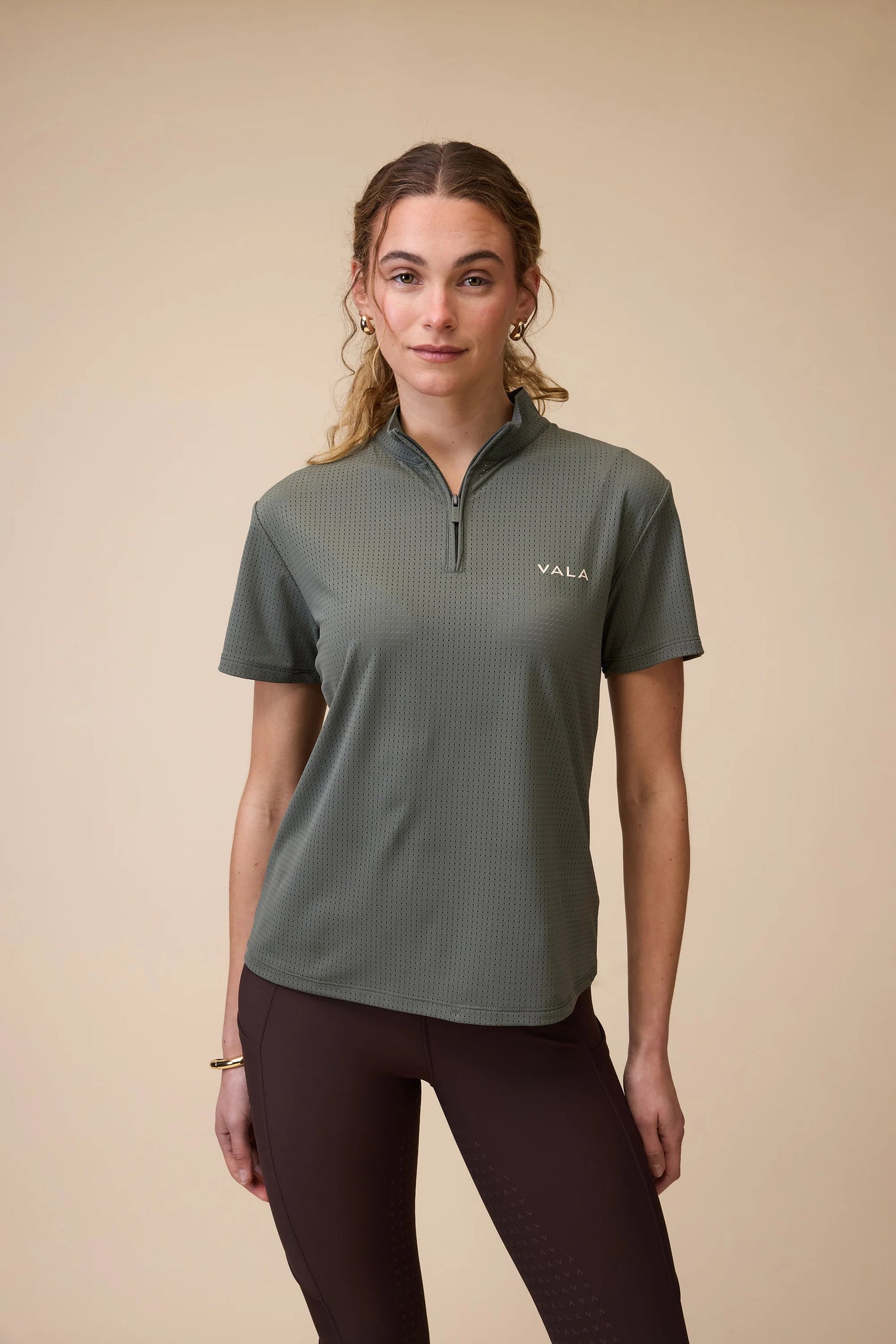 Vala Elsa Mesh Zip Neck Top Olive