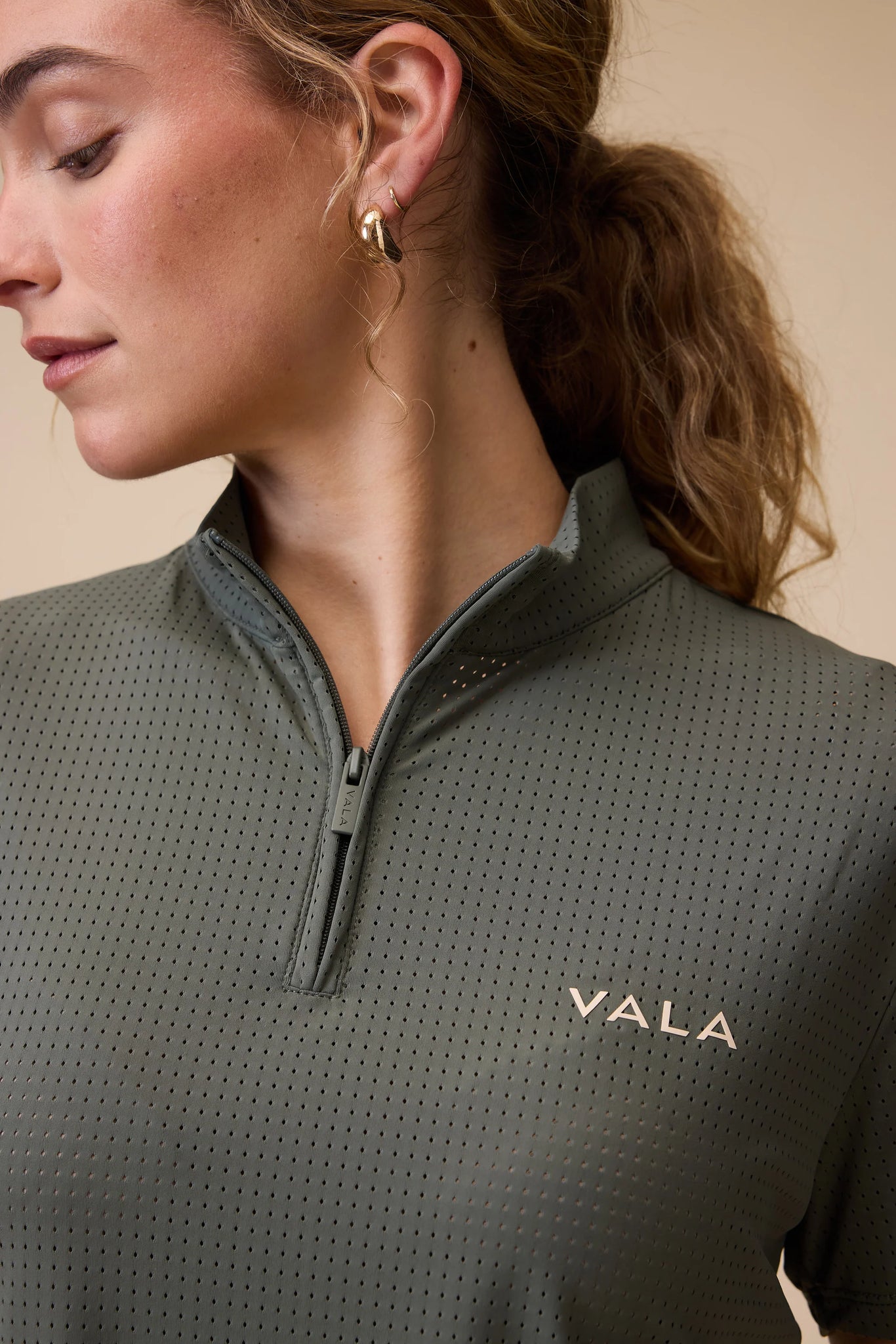 Vala Elsa Mesh Zip Neck Top Olive