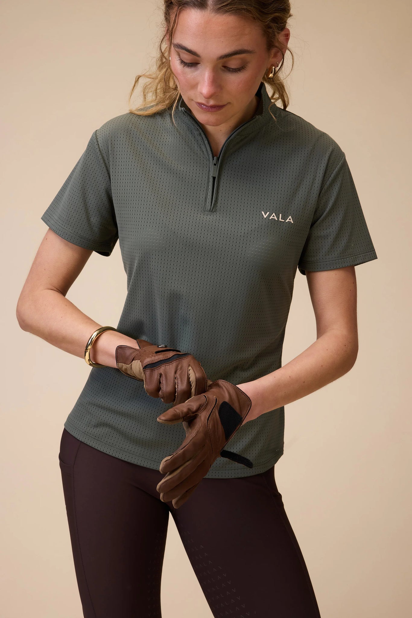 Vala Elsa Mesh Zip Neck Top Olive